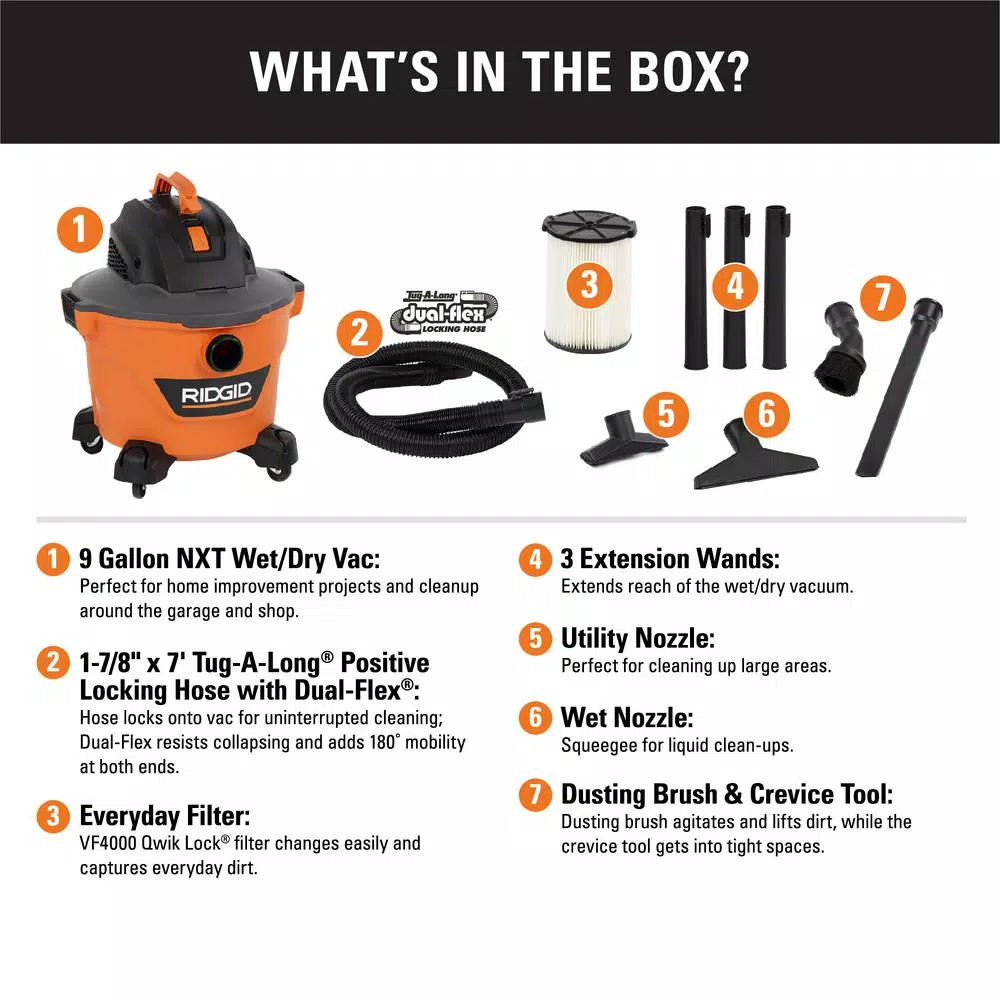 RIDGID 9 Gal. NXT Wet/Dry Shop Vacuum, 4.25 Peak HP with Dual-Flex Hose and Accessories