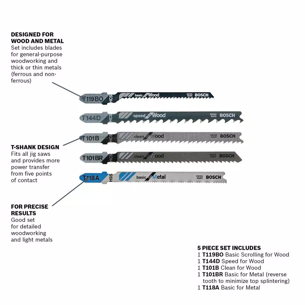 Bosch T-Shank Jigsaw Blade Set, Multi-Purpose High Carbon Steel for Wood and Metal, 5-Pack