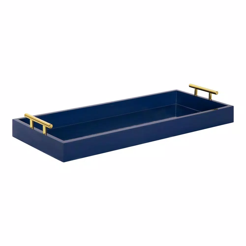 Kate and Laurel Lipton Navy Blue Decorative Rectangular Tray with Polished Metal Handles