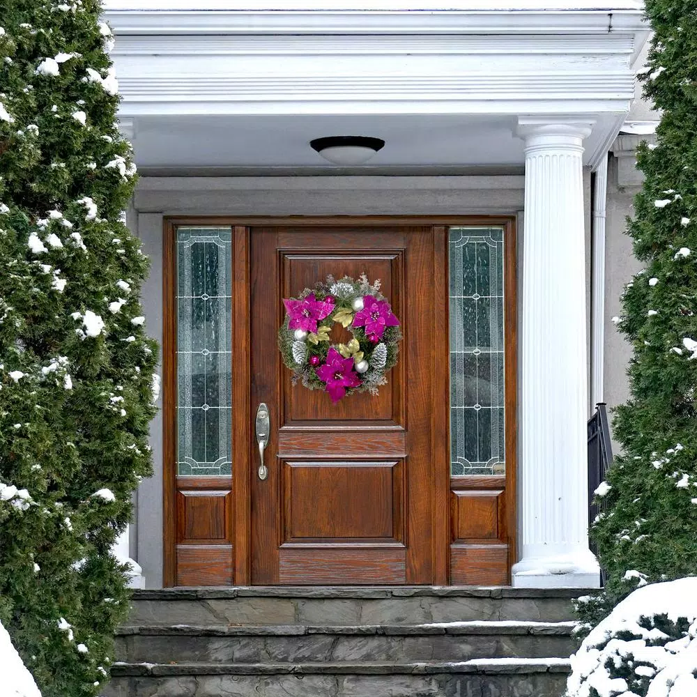Fraser Hill Farm 24 in. Artificial Christmas Wreath with Faux Poinsettias, Ornaments, and Pinecones