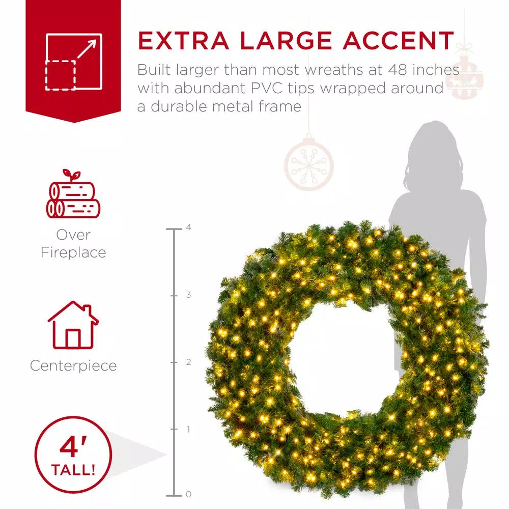 Best Choice Products 48 in. Pre-Lit LED Spruce Artificial Christmas Wreath with 200 Warm White Lights