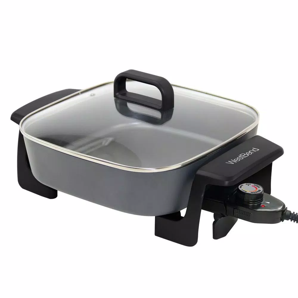 West Bend 12 in. Gray Square Electric Skillet with Grease Channel and Tilt Leg