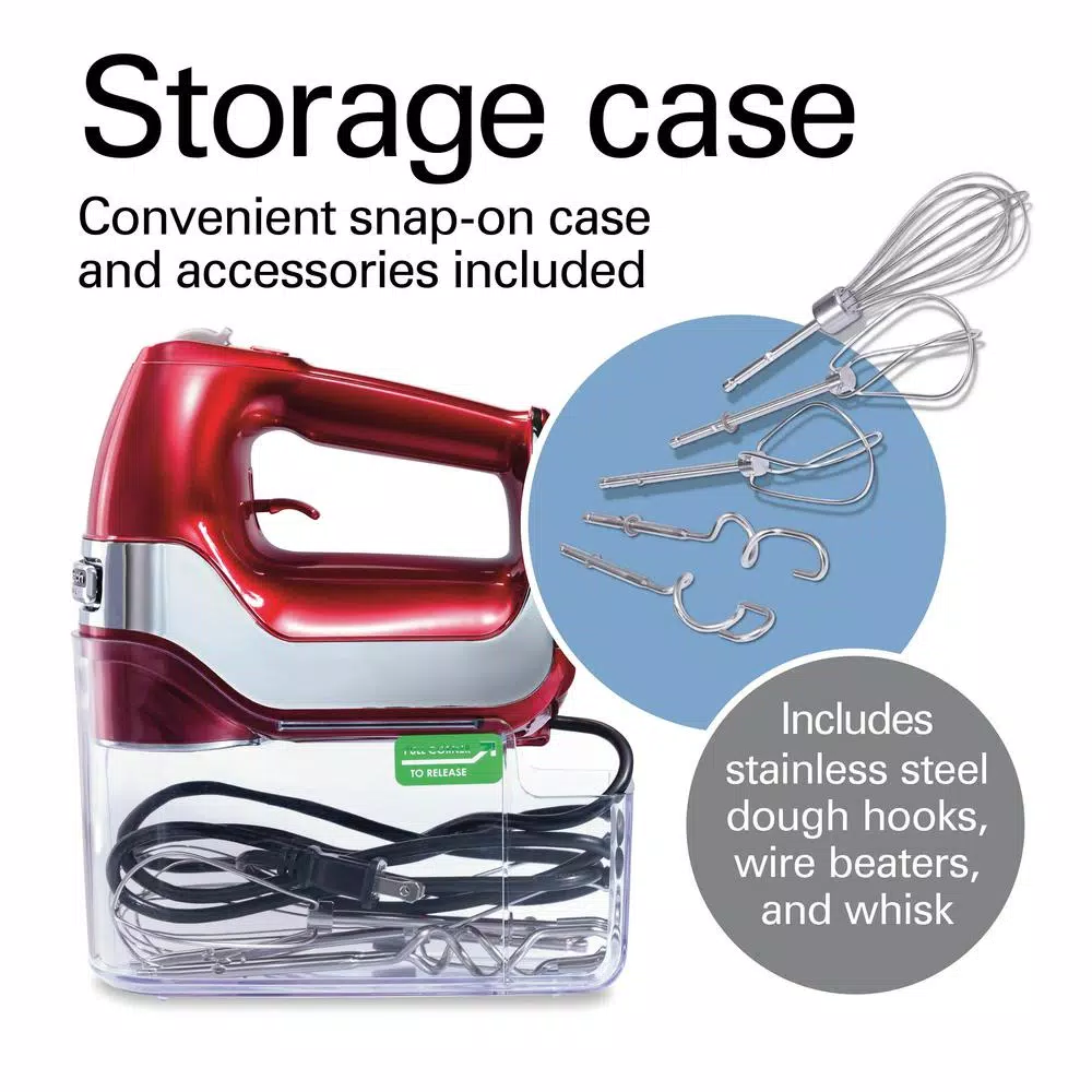 Hamilton Beach Professional 5-Speed Hand Mixer, Red and Chrome with Attachments and Storage Case