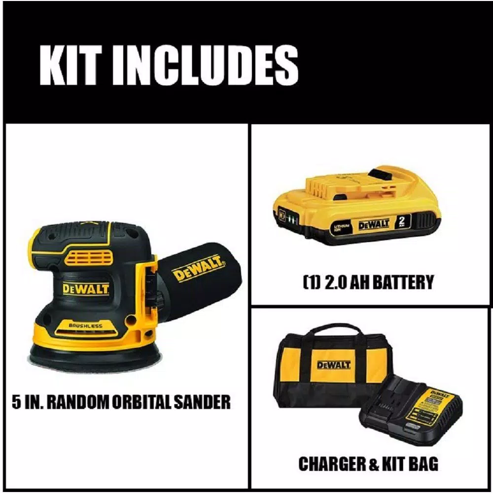 DEWALT 20V MAX XR Brushless 5 in. Cordless Random Orbital Sander Kit with 2.0 Ah Battery and Charger