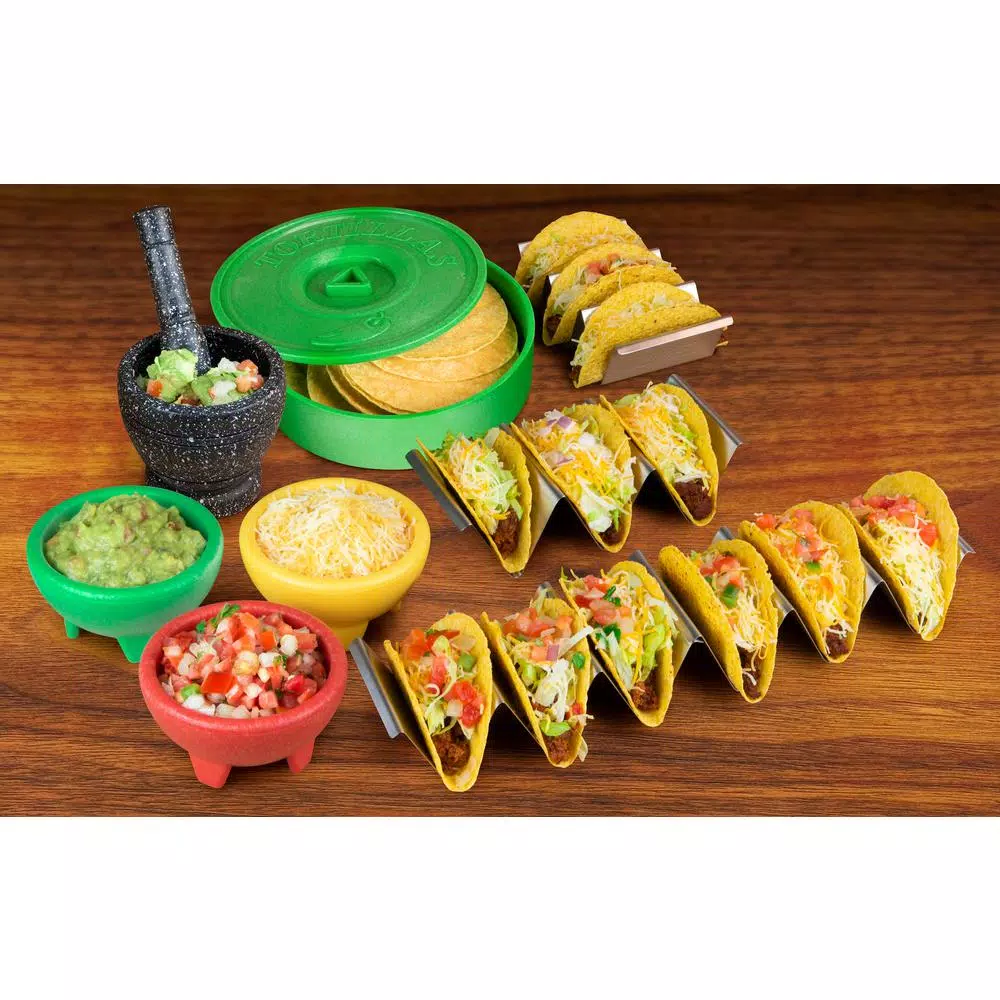 TACO TUESDAY 9-Piece Stainless Steel and Plastic Taco Kit with Tortilla Warmer, Salsa Bowls, Taco Holders, and Mortar and Pestle