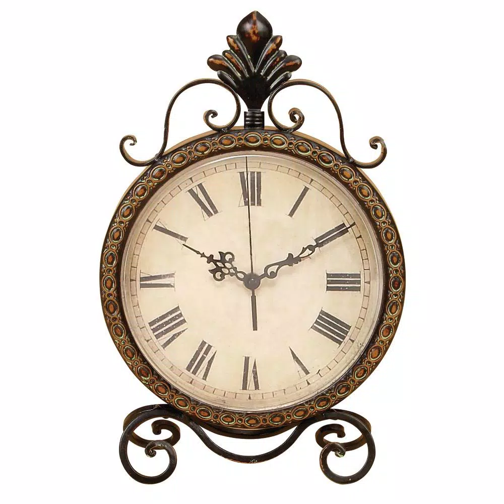 LITTON LANE 17 in. x 11 in. Round Wrought Iron Table Clock with Tarnished Bronze Finish