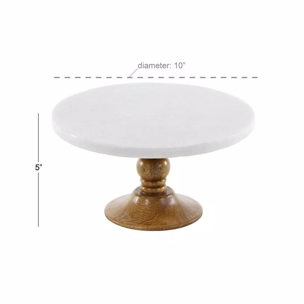 LITTON LANE 10 in. White Marble and Mango Wood Cake Stand, Brown Wood Base