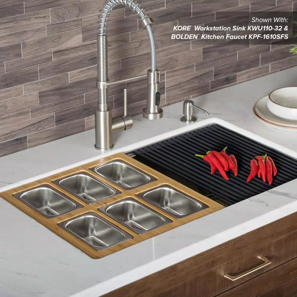Kraus Workstation Kitchen Sink Accessory Set with Bamboo Serving Board and 6 Stainless Steel Prep Bowls
