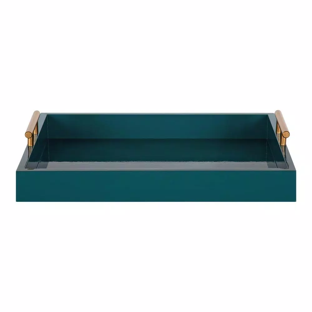 Kate and Laurel Lipton Teal Decorative Mid-Century Modern Tray with Gold Metal Handles