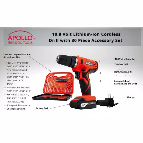 Apollo 10.8V Cordless 3/8 in. Drill/Driver with 30-Piece Accessory Set