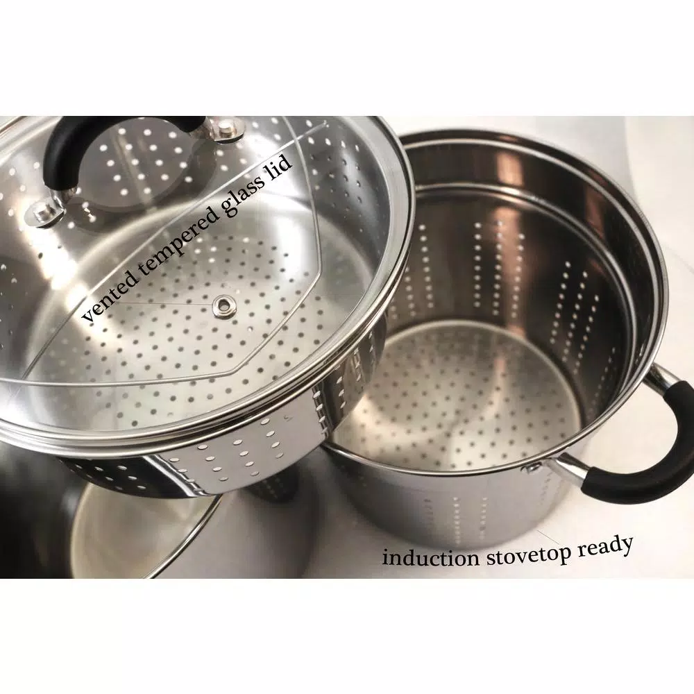 ExcelSteel 8 Qt. Stainless Steel Multi-Cooker Stock Pot Set with Steamer Insert and Silicone Handles
