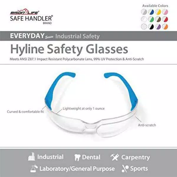 Safe Handler Hyline Safety Glasses with Anti-Scratch Clear Lenses, 12-Pair Assorted Color Pack