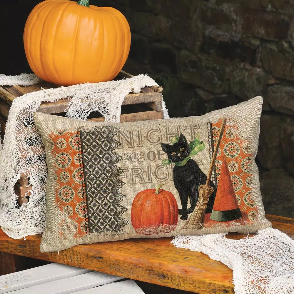Heritage Lace Victorian Halloween Graphic Throw Pillow, Natural Linen-Like Polyester, 12 x 20 in.