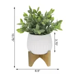 Flora Bunda 10.75 in. Faux Tea Leaf Plant in White Ridge Pattern Ceramic Planter with Wood Stand thumbnail 2