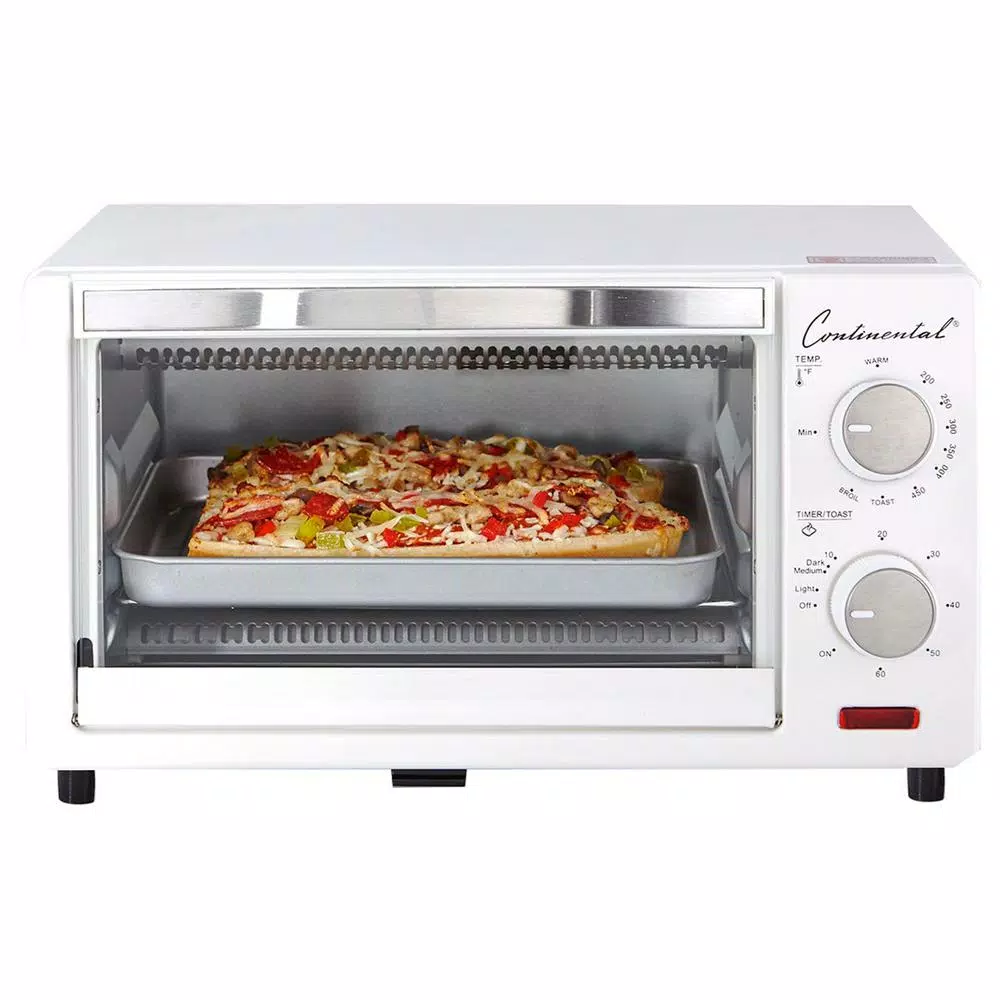 Continental Electric 1000W 4-Slice White Toaster Oven with 60-Minute Timer, Bake & Broil