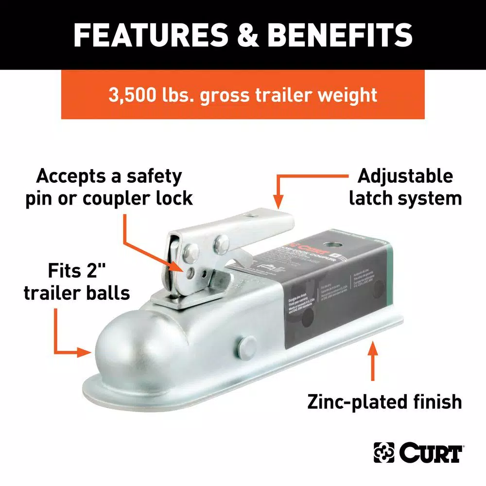 CURT 2" Straight-Tongue Posi-Lock Trailer Coupler, 3,500 lbs. Capacity, Zinc Finish
