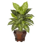 Nearly Natural 20.5 in. Green Dieffenbachia Silk Plant with Wood Vase Set of 2 thumbnail 2
