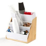 Mind Reader 9-Compartment White Condiment Organizer with Natural Wood Bamboo Base thumbnail 4