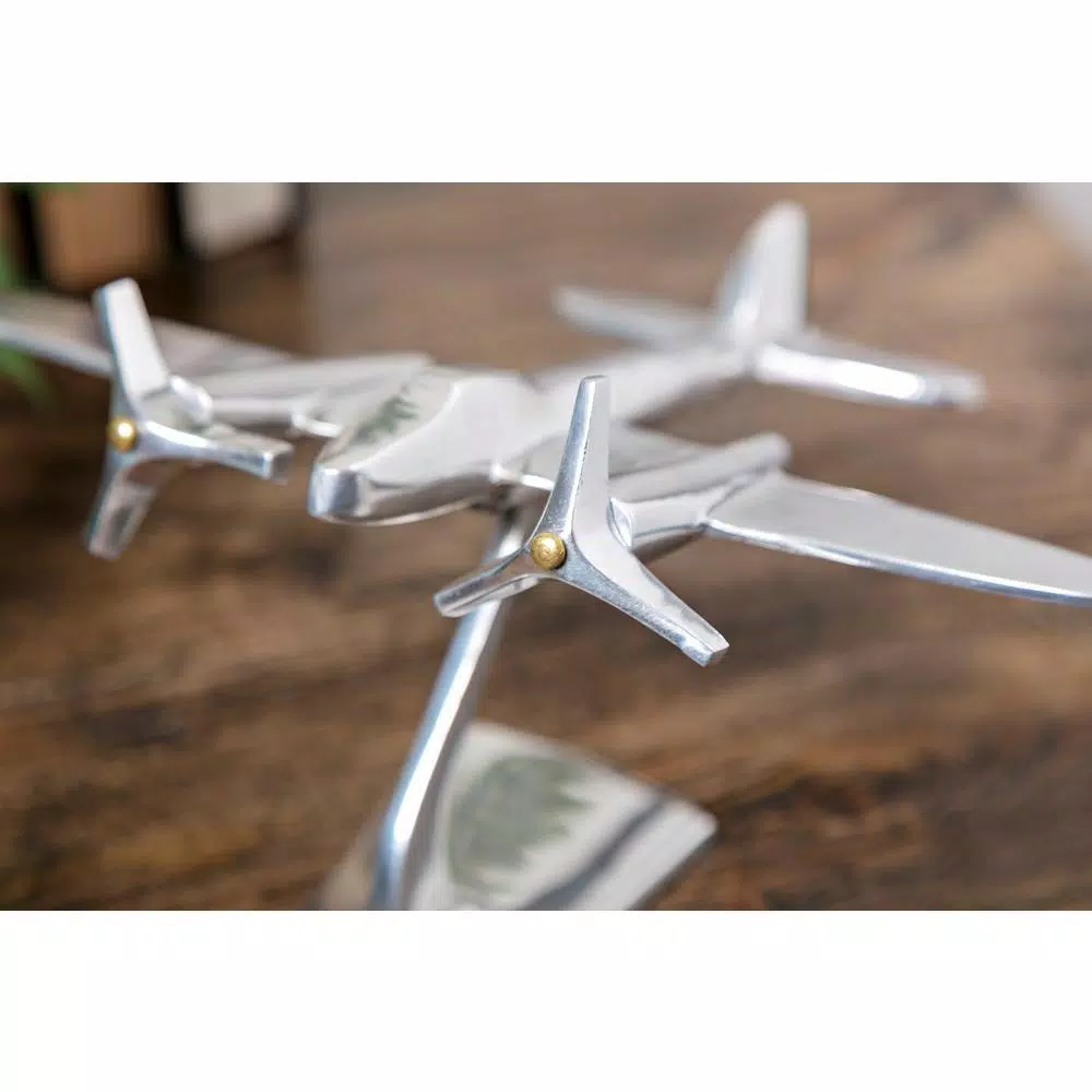 IMAX Retro Airplane Metal Statuary - Silver Cast Aluminum Aviation Figurine