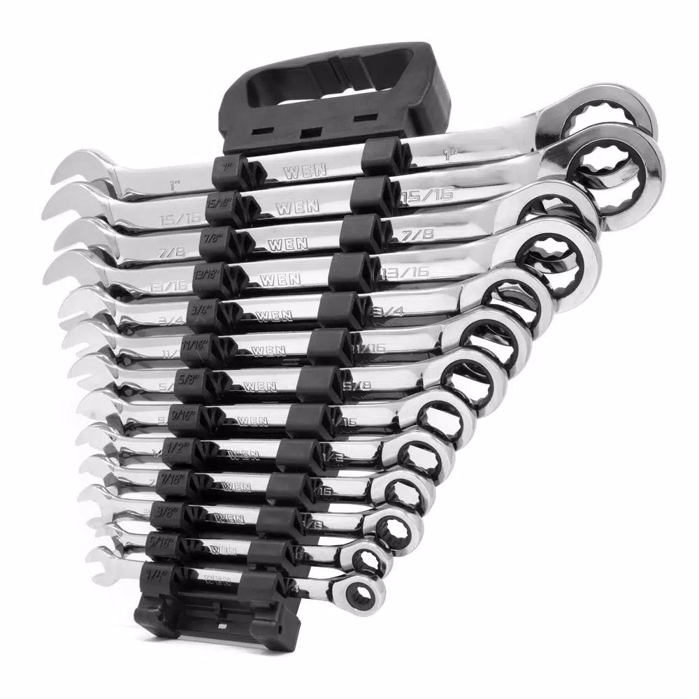WEN 13-Piece Professional SAE Ratcheting Combination Wrench Set with Storage Rack