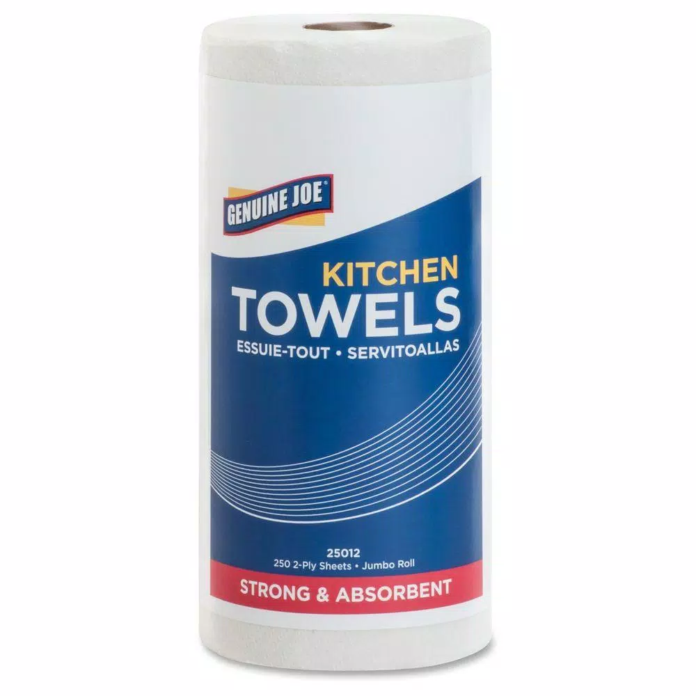Genuine Joe White Perforated Roll Towels, 2-Ply, 250 Sheets per Roll, 12 Rolls per Carton