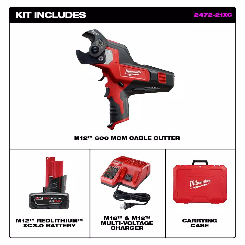 Milwaukee M12 12V Lithium-Ion Cordless 600 MCM Cable Cutter Kit with 3.0Ah Battery, Charger & Case