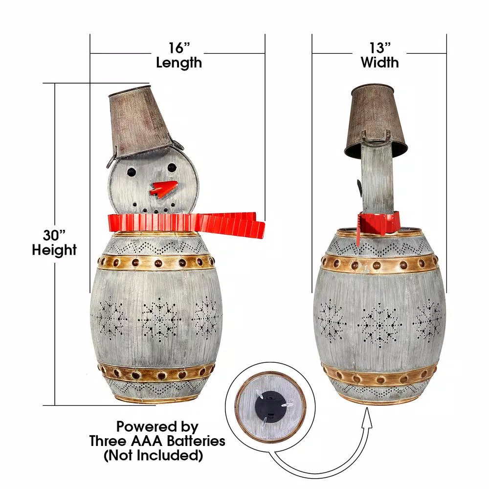 Alpine Corporation 30 in. Weathered Metal Barrel Snowman Sculpture with Warm White LED Lights