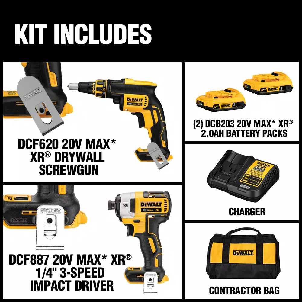 DEWALT 20V MAX XR Cordless Drywall Screw Gun and Impact Driver Combo Kit with (2) 2.0Ah Batteries & Charger