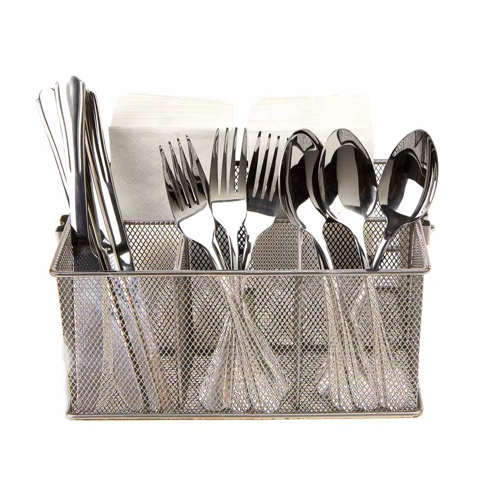 Mind Reader Silver Metal Mesh 4-Compartment Multipurpose Storage Basket and Utensil Holder