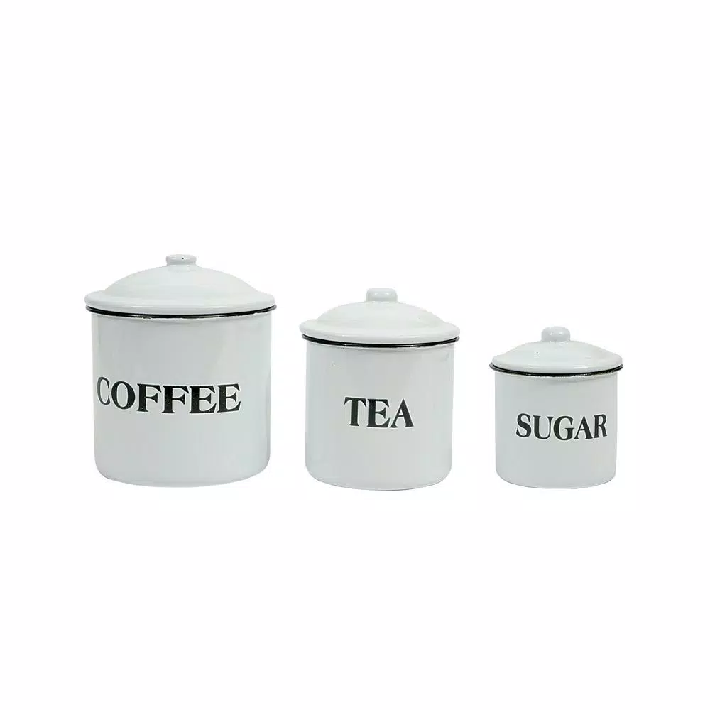 3R Studios 3-Piece White Metal Kitchen Canister Set with Coffee, Tea, and Sugar Labels