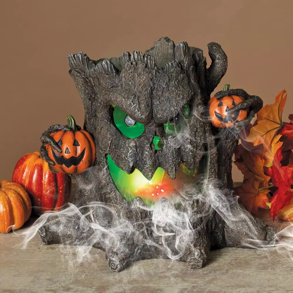 Gerson 12.4 in. Electric Smoking Haunted Tree Stump Halloween Tabletop Decor with Color Changing LED Lights