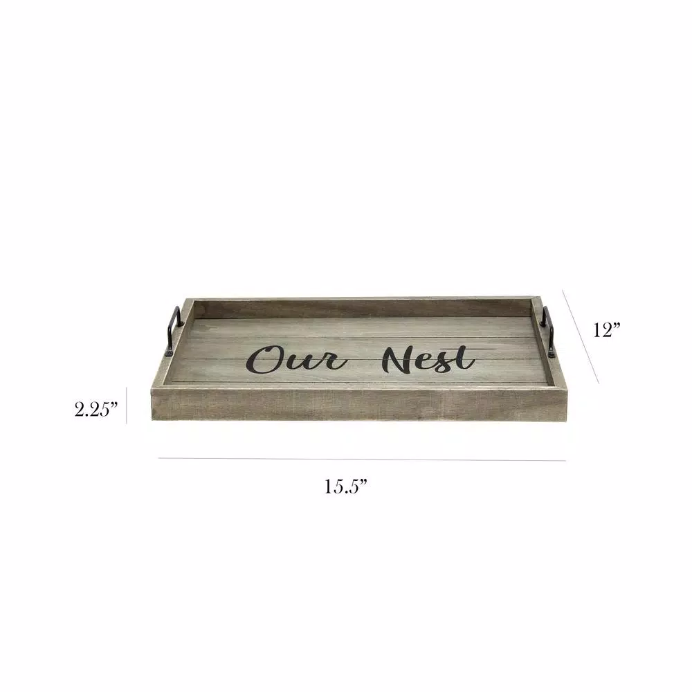 Elegant Designs Our Nest Rustic Gray Wooden Decorative Serving Tray with Black Metal Handles