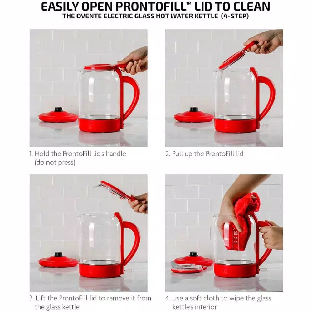Ovente 1.5L Red Glass Electric Kettle with ProntoFill Technology, 1500W