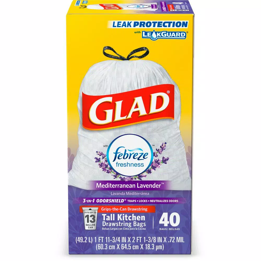 Glad 13 Gallon Tall Kitchen Trash Bags with Febreze Mediterranean Lavender OdorShield, Drawstring, 40-Count