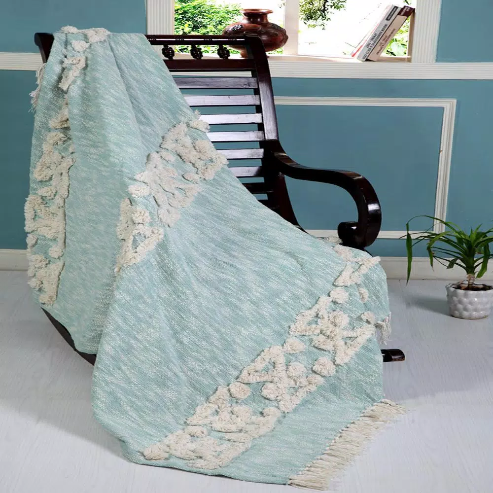 LR Resources Soft Aztec Sky Blue Decorative Throw Blanket - 50 in. x 60 in. Cotton Tufted Throw