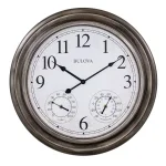 Bulova Block 20 in. Indoor/Outdoor Round Wall Clock with Thermometer and Hygrometer, Aged Silver thumbnail 1