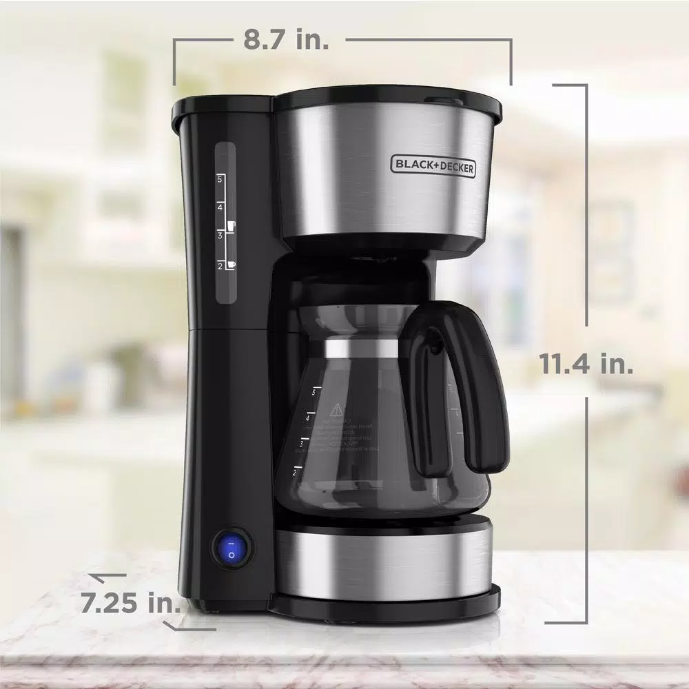 Black+Decker 4-in-1 5-Cup Drip Coffee Maker with Stainless Steel Travel Mug, Black/Stainless Steel
