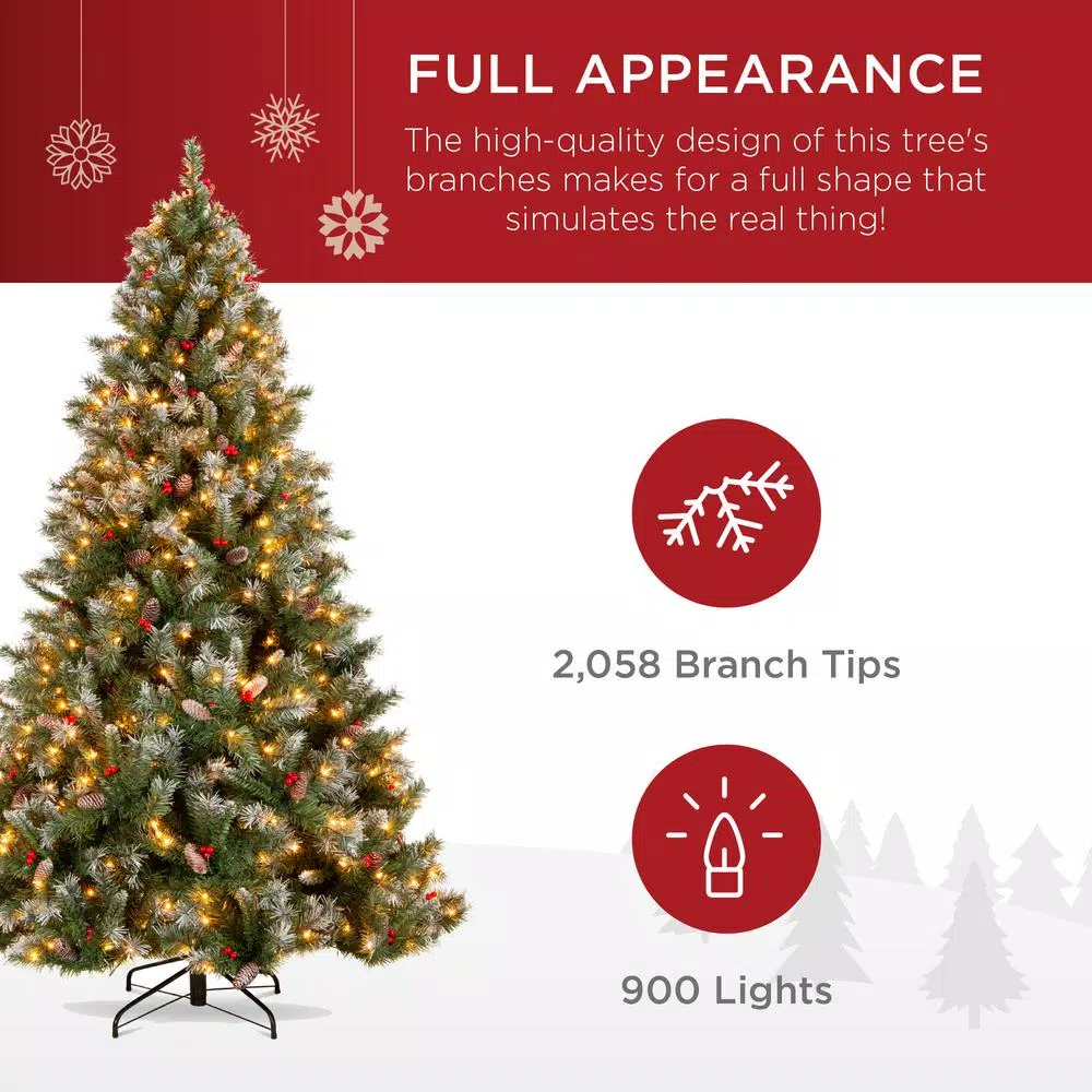 Best Choice Products 9 ft. Pre-Lit Flocked Artificial Christmas Tree with 900 Warm White Lights & Pre-Decorated Berries and Pinecones