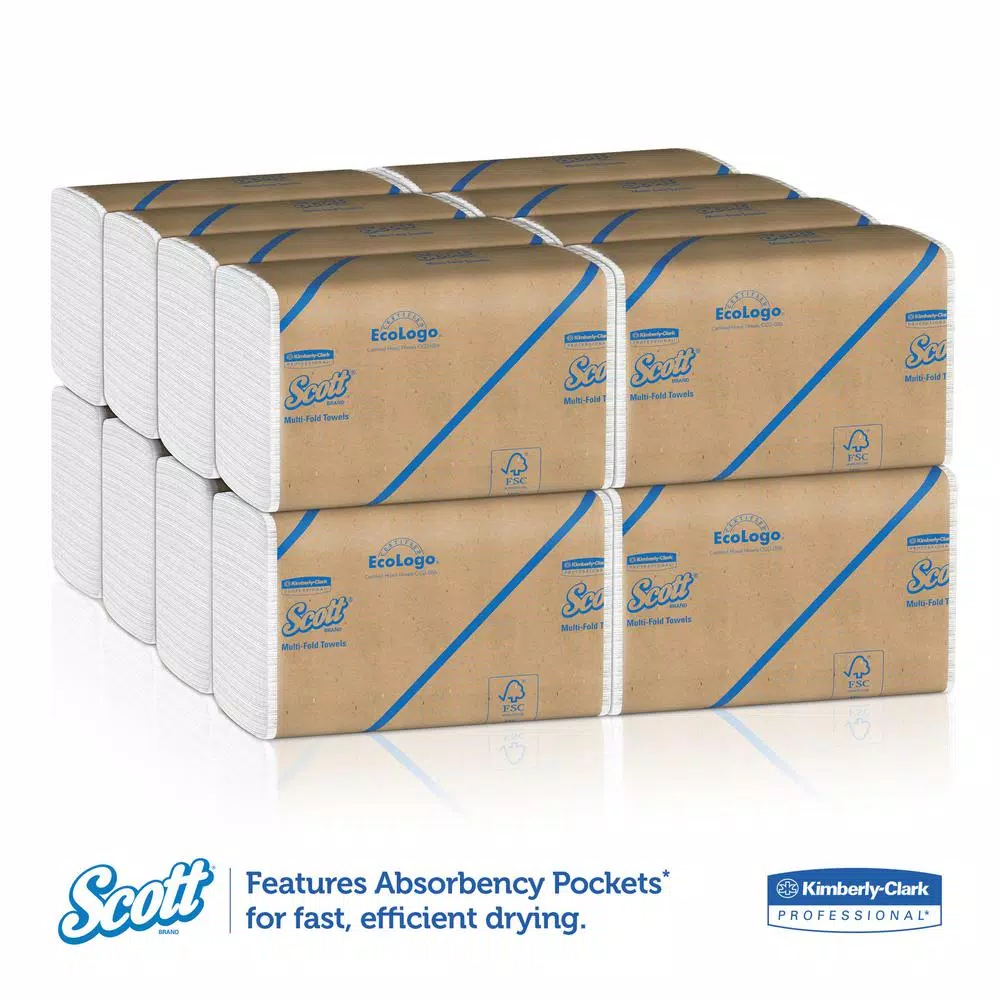 Scott Essential 100% Recycled Multi-Fold White Paper Towels, 250 Sheets per Pack, 16 Packs per Carton