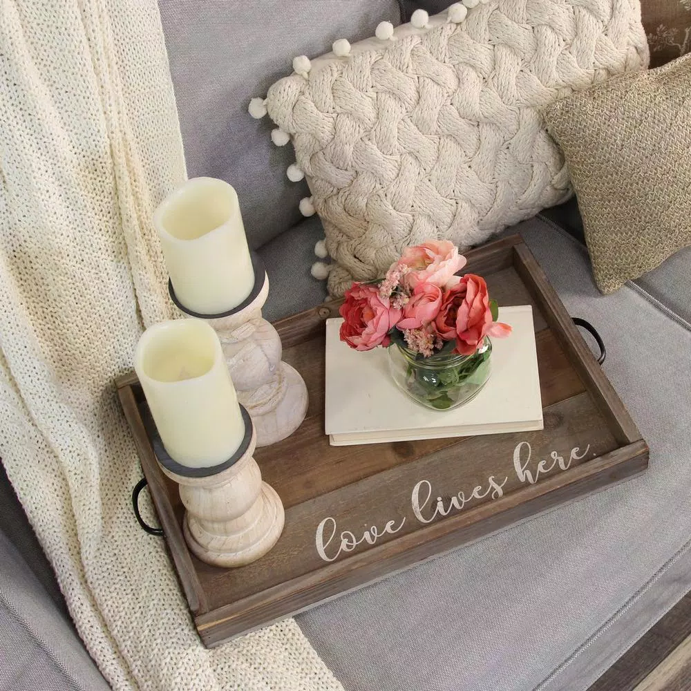 Stratton Home Decor "Love Lives Here" Distressed Wood Decorative Tray