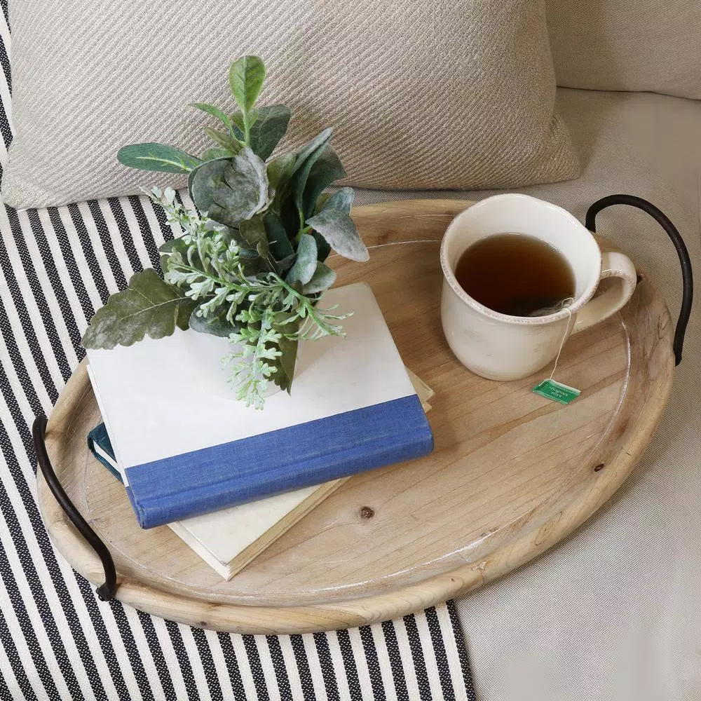 Stratton Home Decor Natural Wood Oval Tray with Black Metal Handles