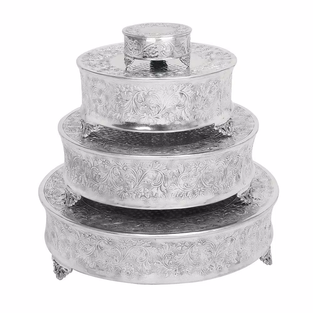 LITTON LANE Silver Aluminum Round Cake Stand Set of 4 with Floral Vine Design