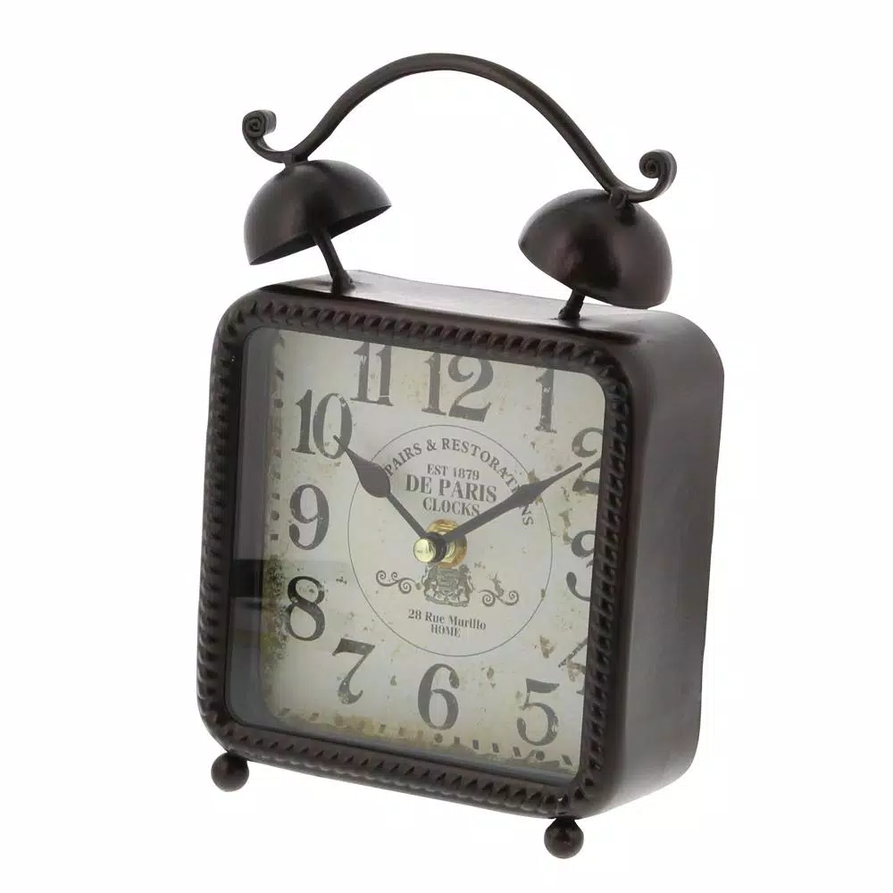 LITTON LANE 9 in. x 6 in. Square Iron Desk Clock 2-Pack - Vintage Distressed Analog Alarm Clocks