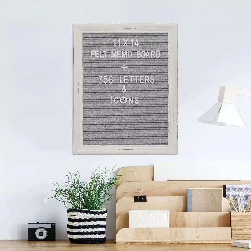 Stonebriar Collection Stonebriar Gray Felt Memo Board with White Wash Wooden Frame and 356 Letter Kit