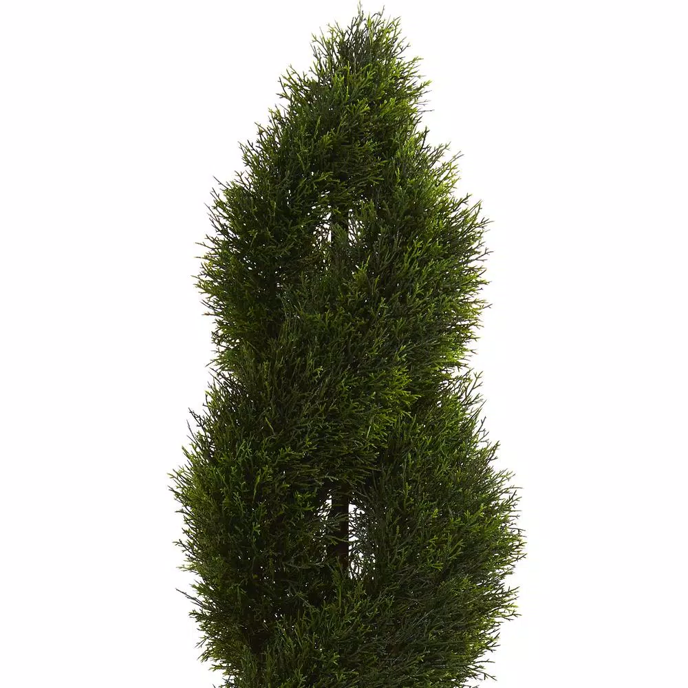 Nearly Natural 5.5 ft. Artificial Double Pond Cypress Spiral Topiary in White Tower Planter