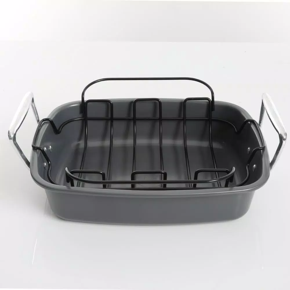 Kenmore Travers 2-Piece Non-Stick Steel Roasting Pan Set with Rack, 16.35 Qt, Gray