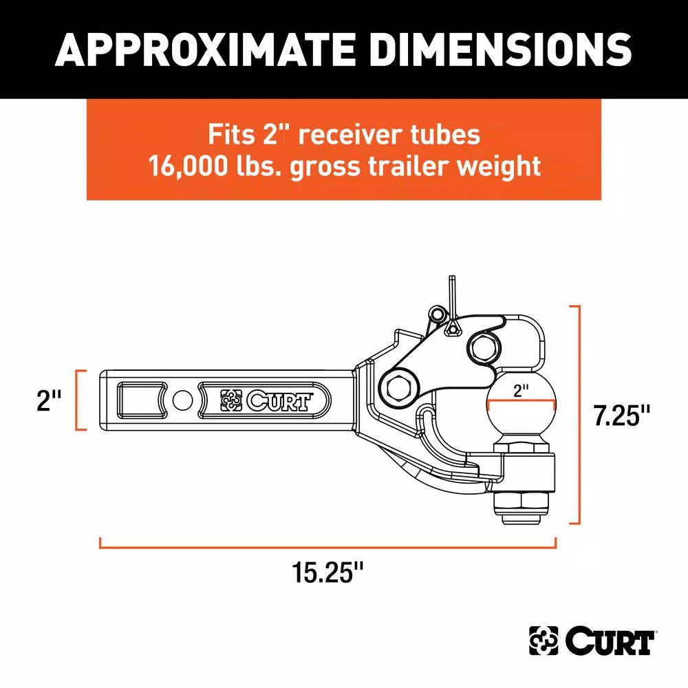 CURT Receiver-Mount Ball and Pintle Hook Combo, 2" Shank, 10,000 lbs. Ball, 16,000 lbs. Pintle