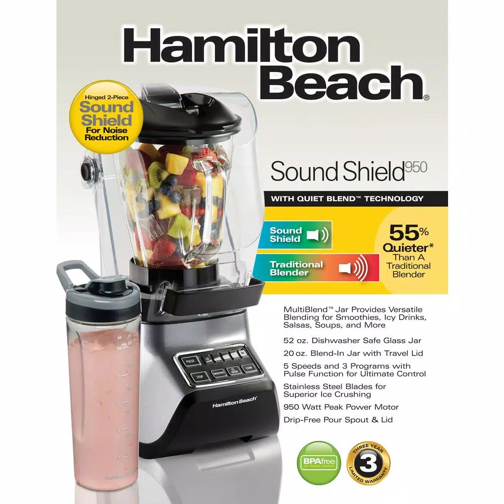 Hamilton Beach Sound Shield 950 Blender, 52 oz Glass Jar, 950W Peak Power, Grey
