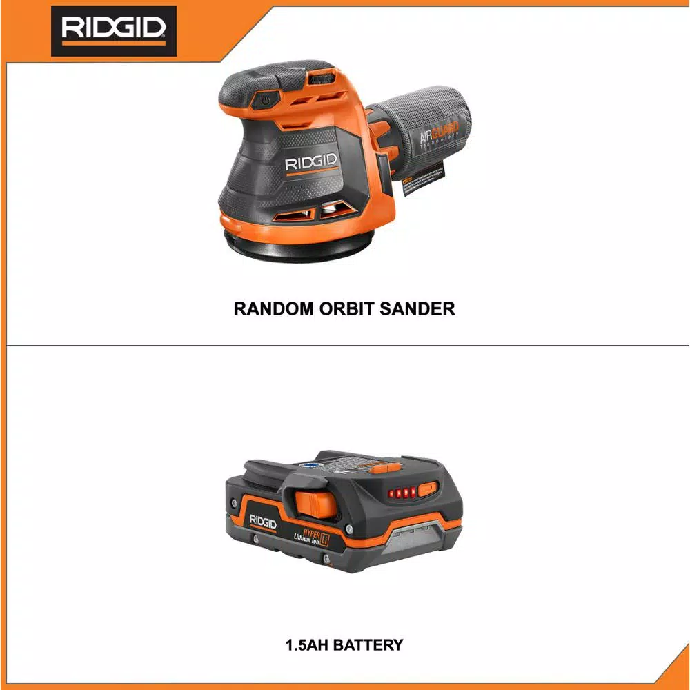 RIDGID 18V Cordless 5 in. Random Orbit Sander with 1.5 Ah Lithium-Ion Battery