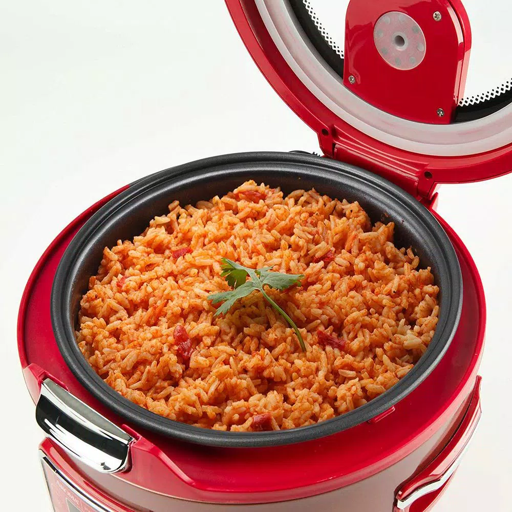AROMA 20-Cup Red Rice Cooker and Slow Cooker with Glass Lid, 11 Programmable Functions